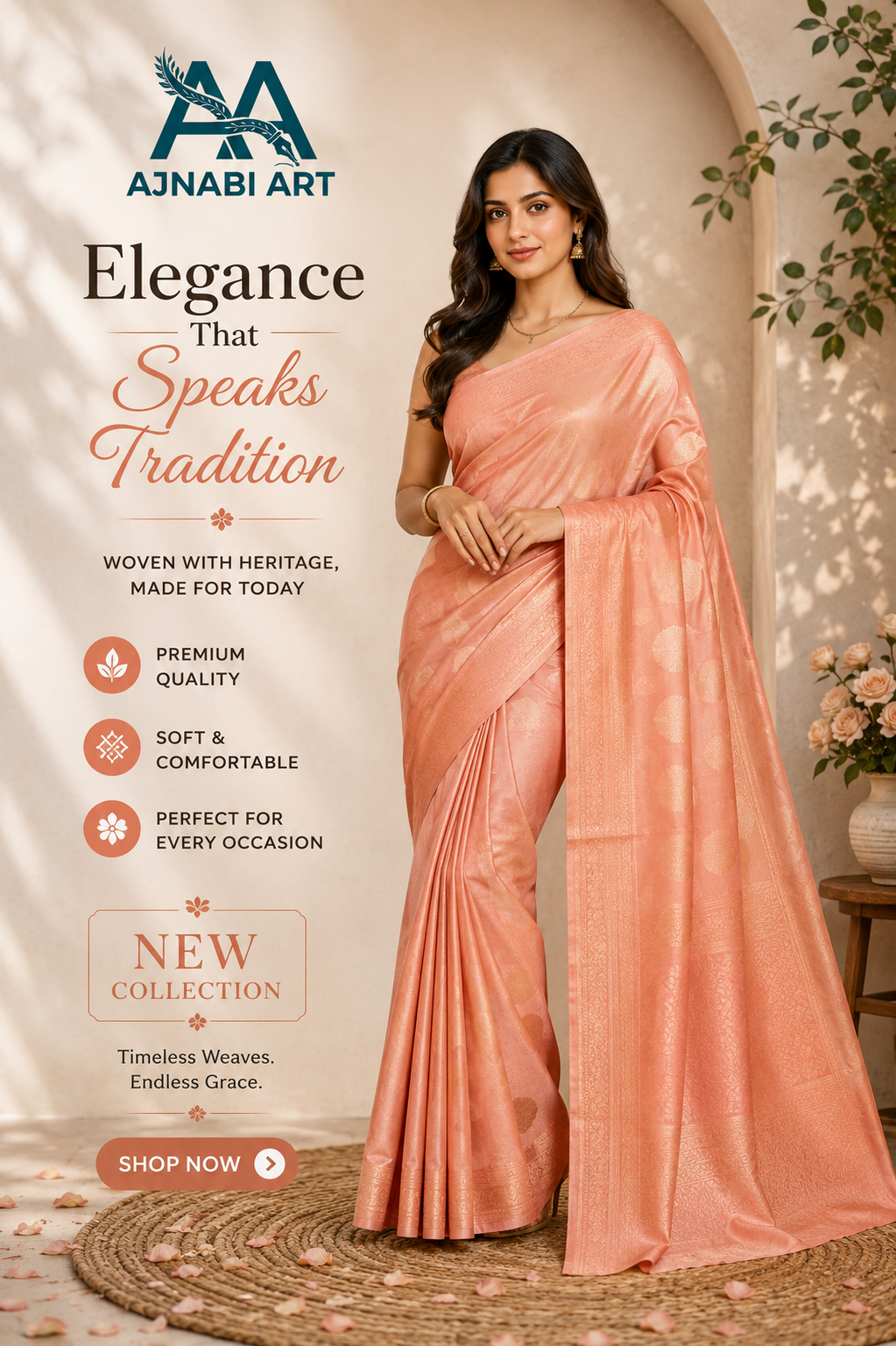 Banarasi Silk Saree – Peach | Gold Circular Motifs