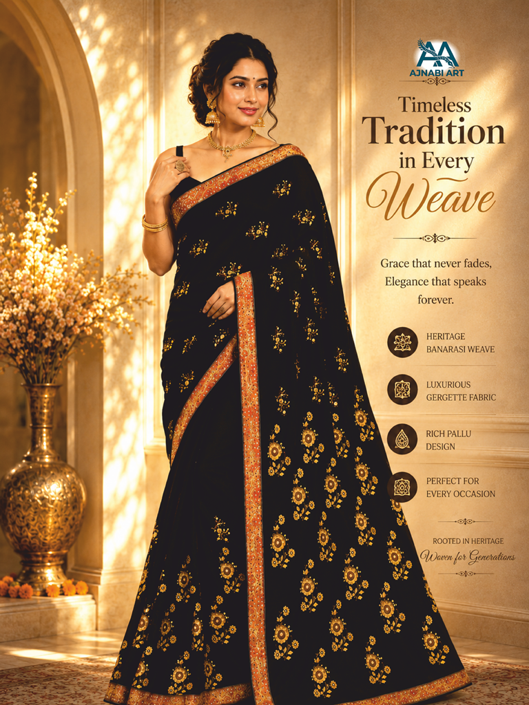 Black Georgette Saree – Hand-Embroidered Zari & Appliqué Border