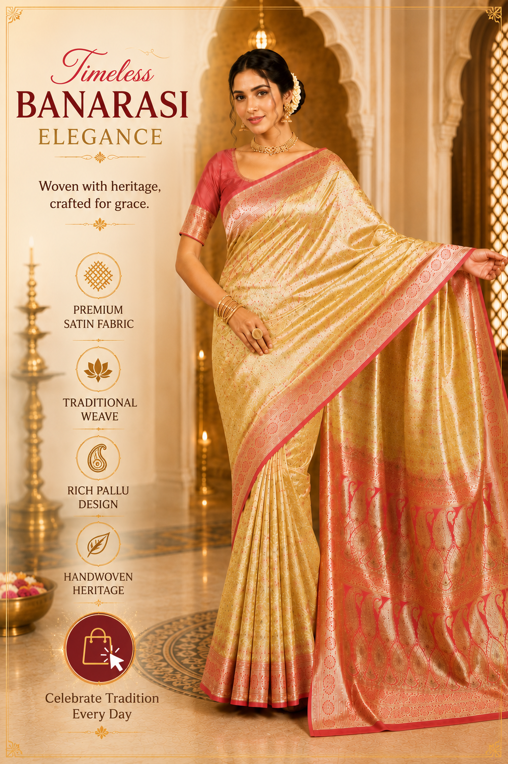 Banarasi Satin Saree – Bridal Lustre with Contrast Border