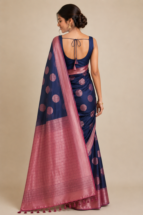 Banarasi Silk Saree – Blue & Pink | Tissue Silk with Contrast Border