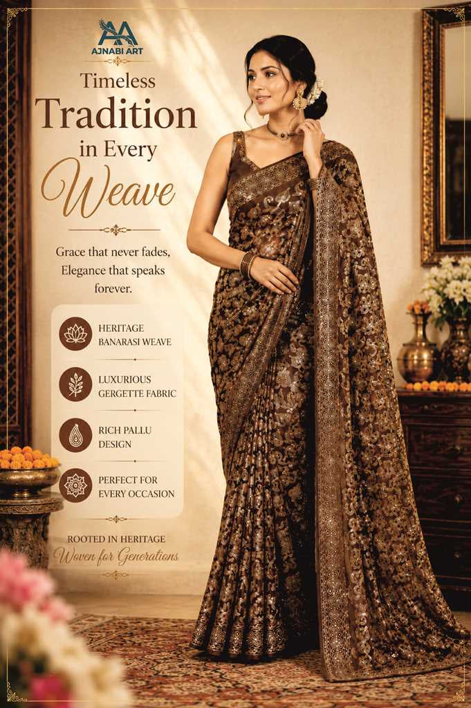 Georgette Saree – Mehndi Green | Machine Embroidery Work