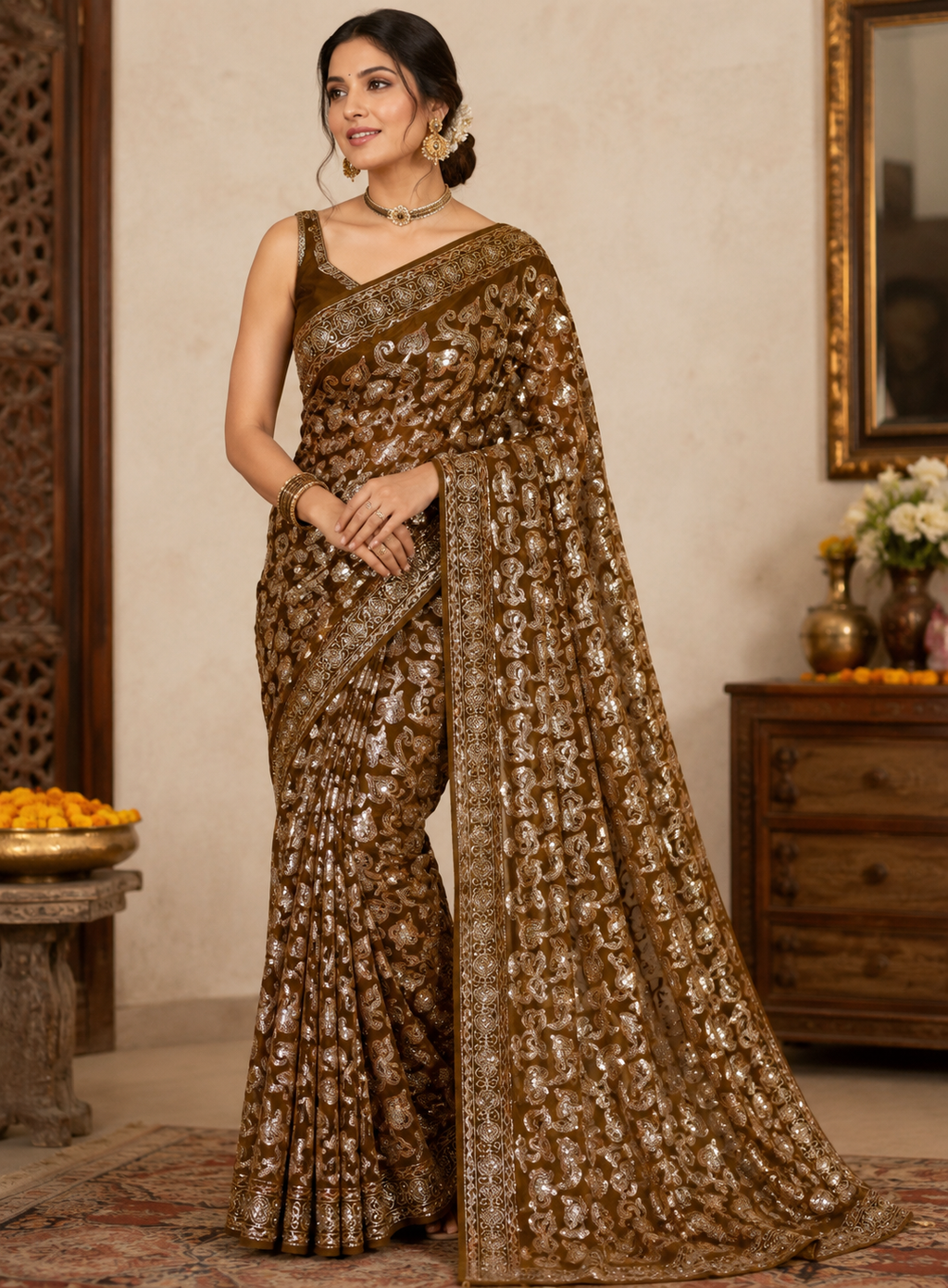 Gergette Sari Mehndi color with Machine Work