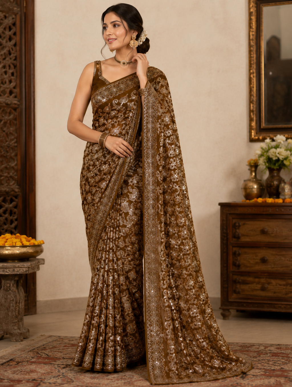 Gergette Sari Mehndi color with Machine Work