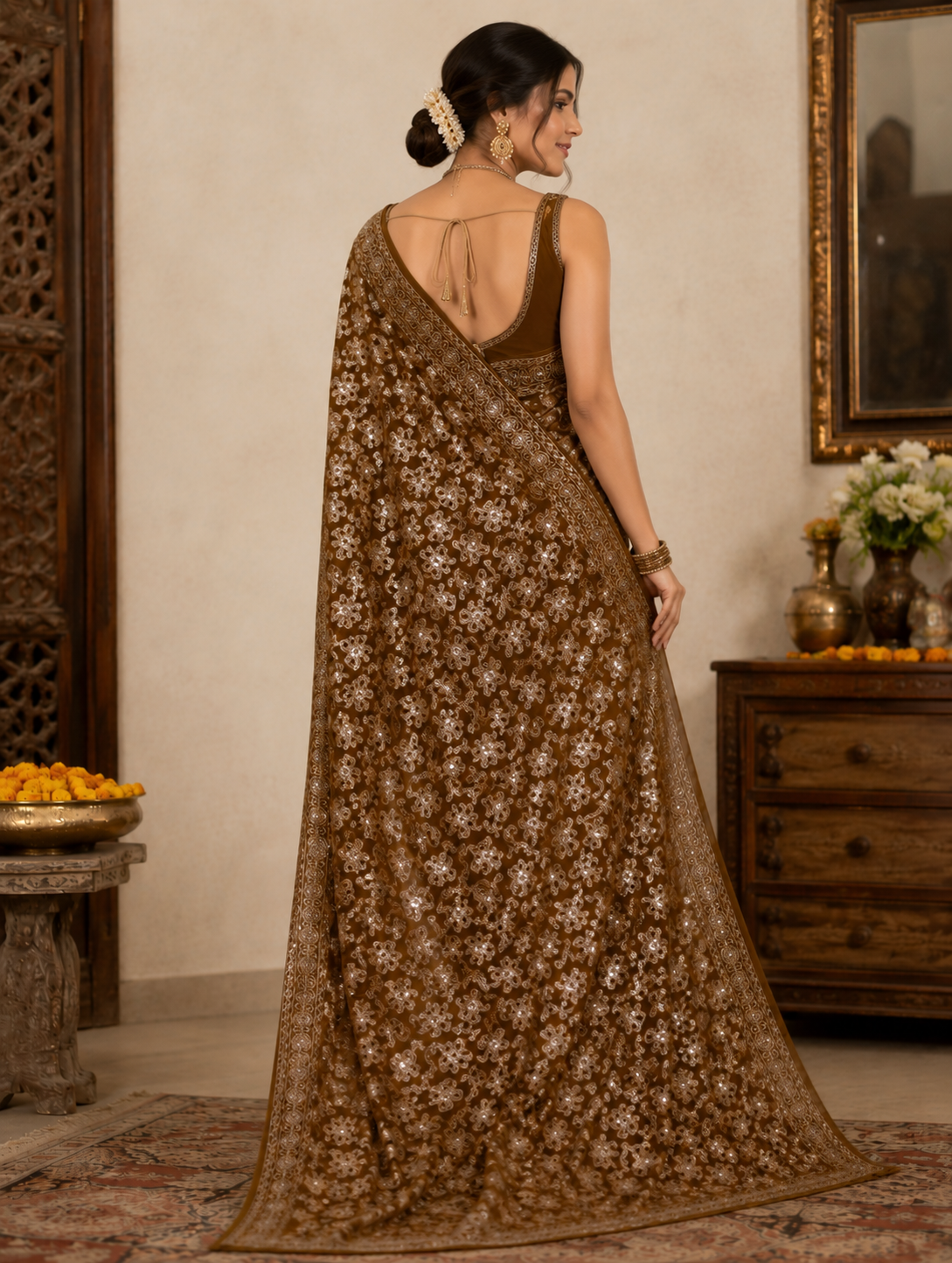 Gergette Sari Mehndi color with Machine Work