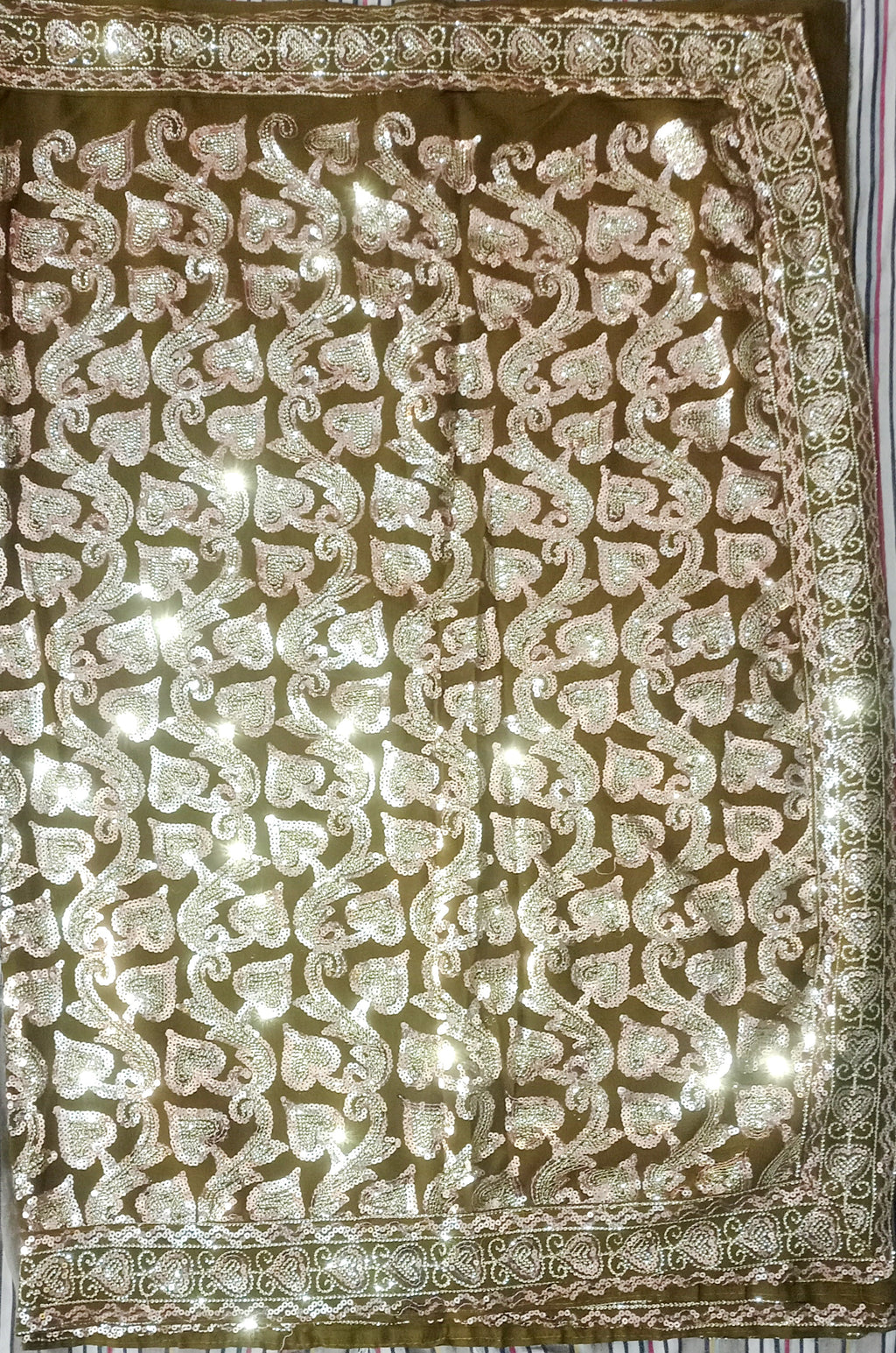 Gergette Sari Mehndi color with Machine Work