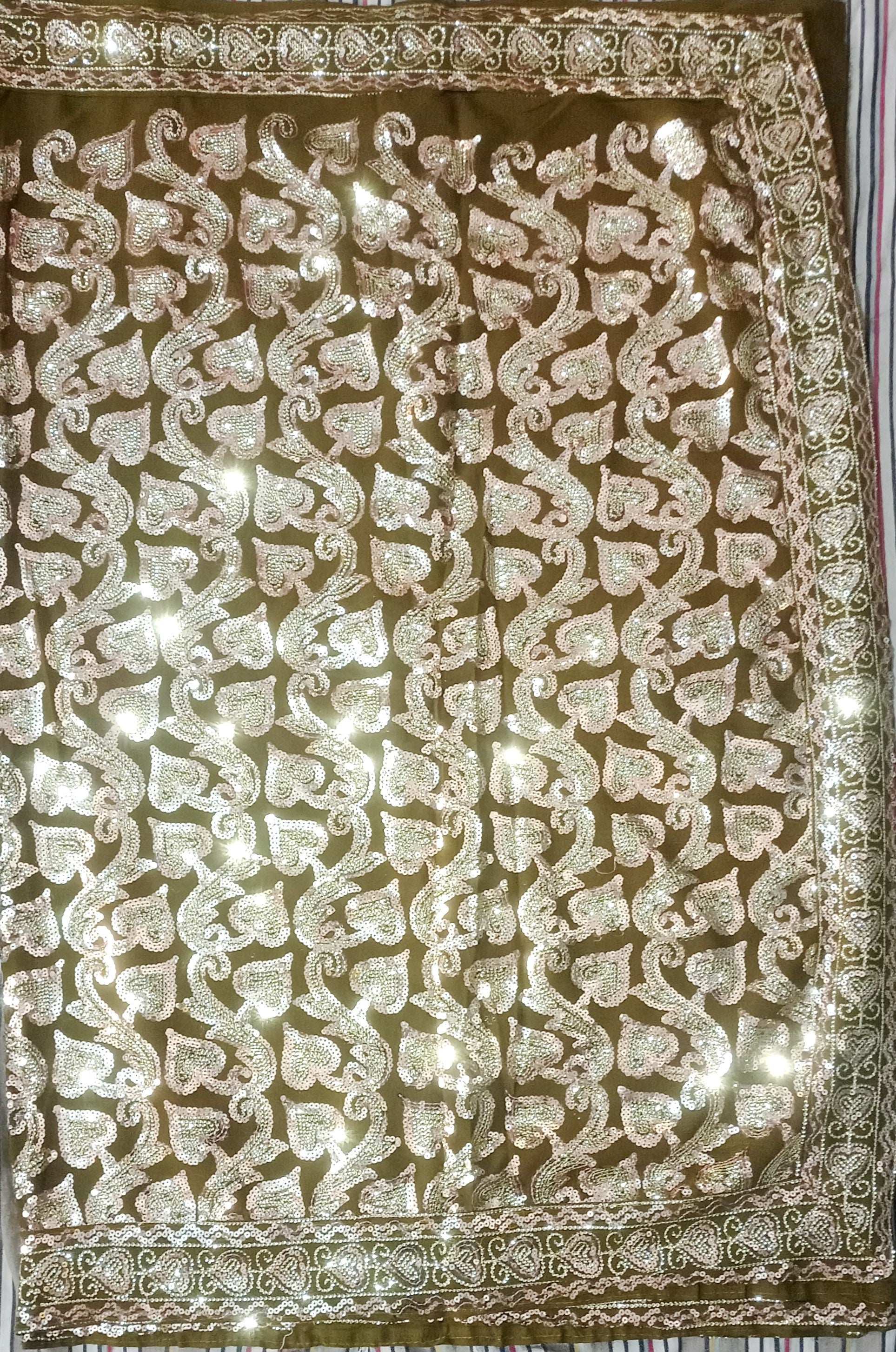 Gergette Sari Mehndi color with Machine Work