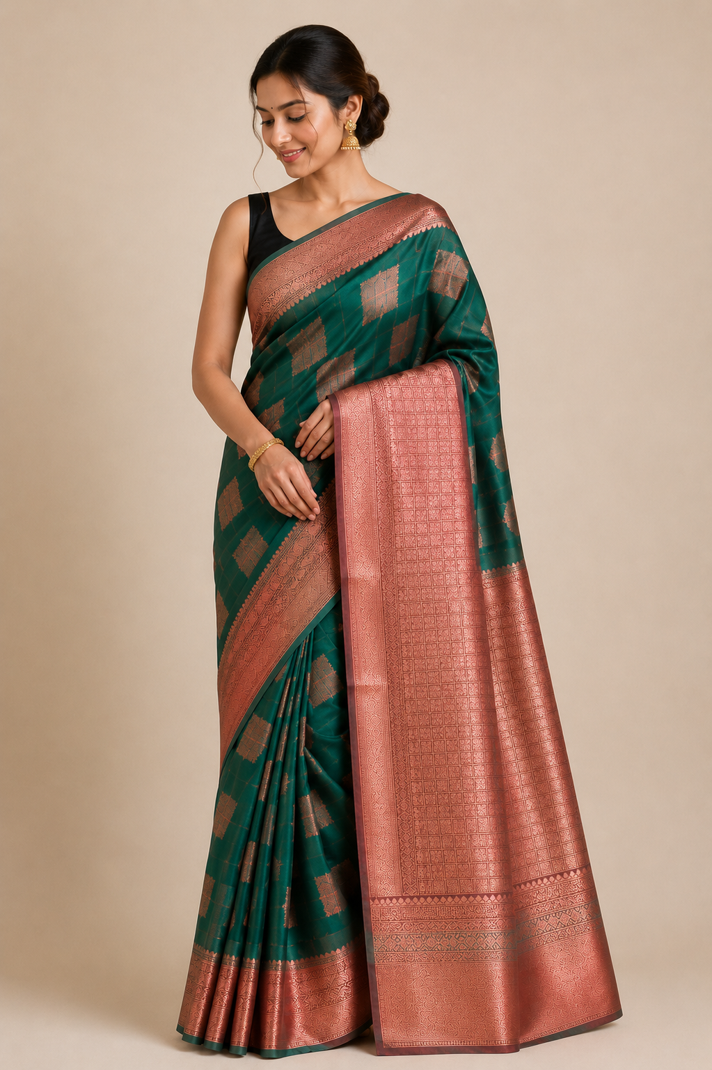 A woman modeling a dark green silk saree with a metallic copper-pink border and pallu.