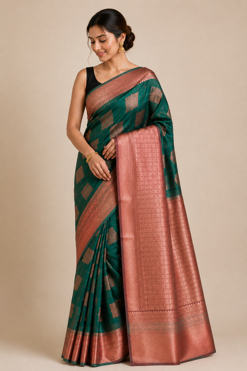 A woman modeling a dark green silk saree with a metallic copper-pink border and pallu.