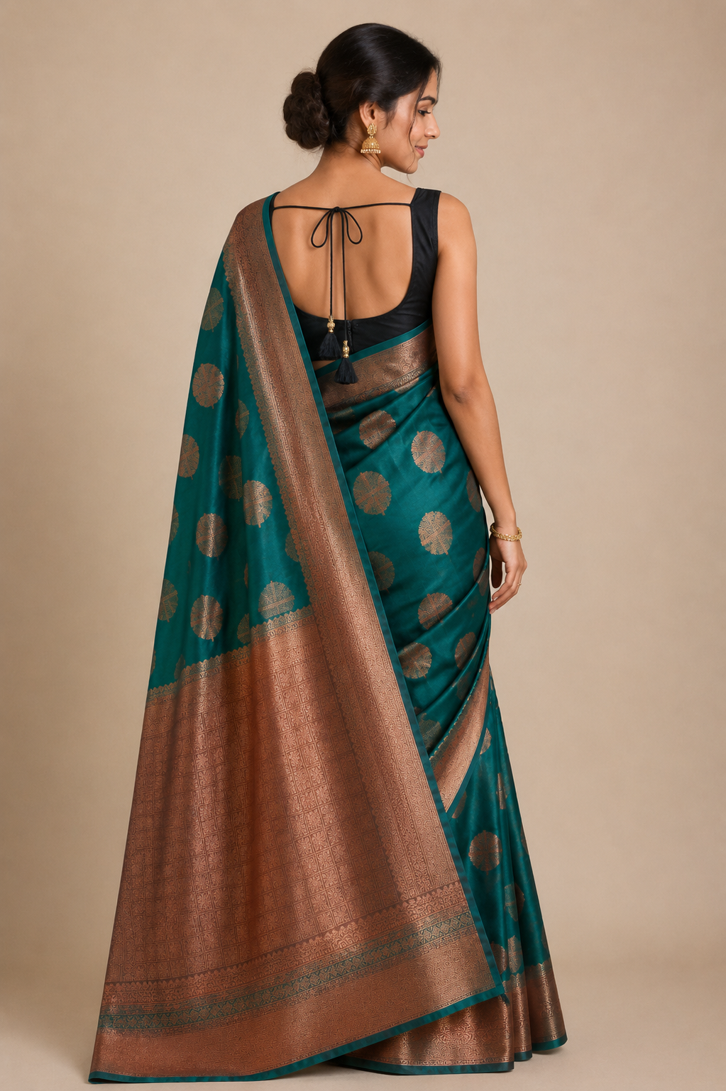 A woman modeling a teal green and bronze silk saree with gold  motifs, shown from the back against a solid beige studio background. 