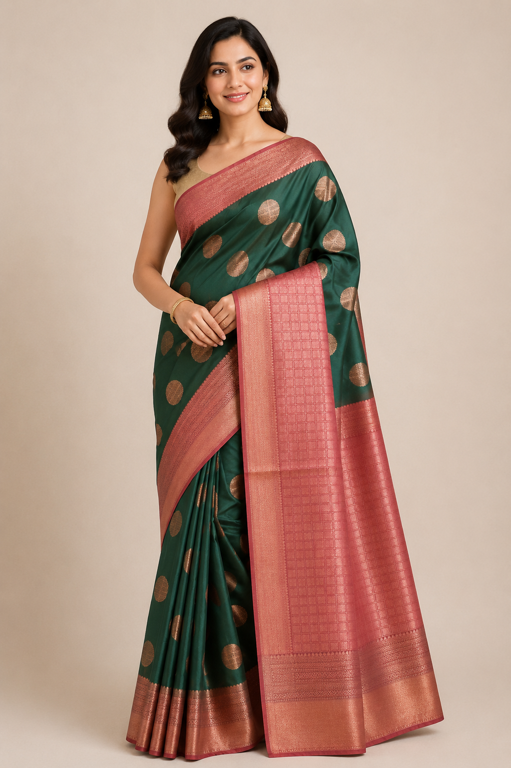 A woman modeling a dark green silk saree with gold motifs and a wide pink border, set against a plain beige studio background. 