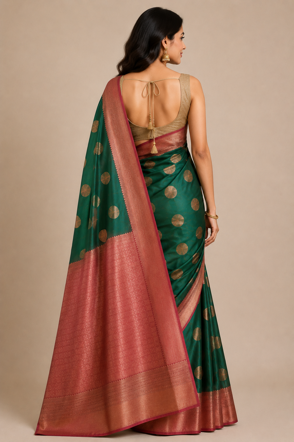 A woman shown from the back wearing a green silk saree with gold motifs and a dusty pink border, paired with a beige blouse, set against a solid beige background.