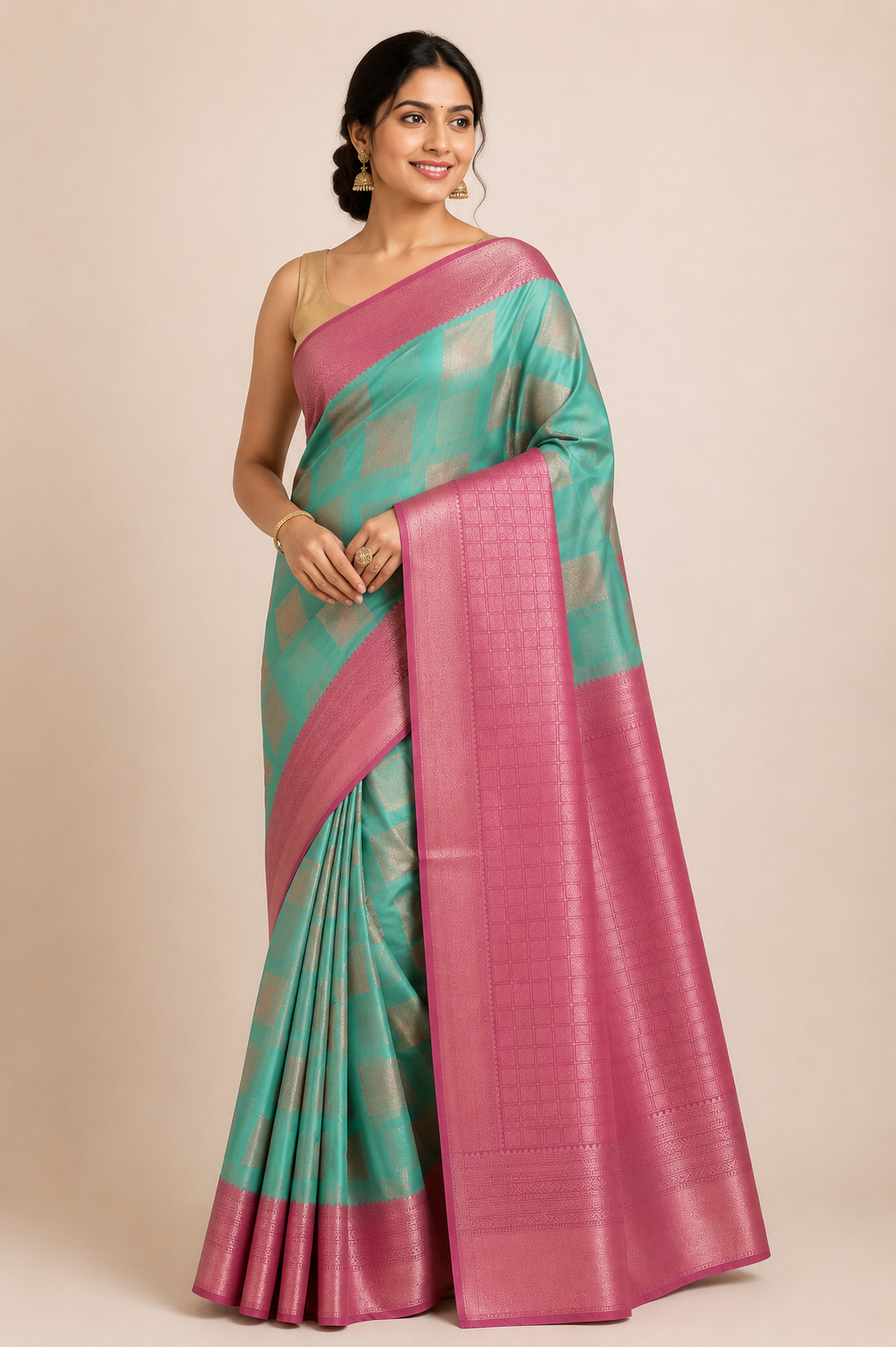A woman modeling a green and pink silk saree with a matching blouse.