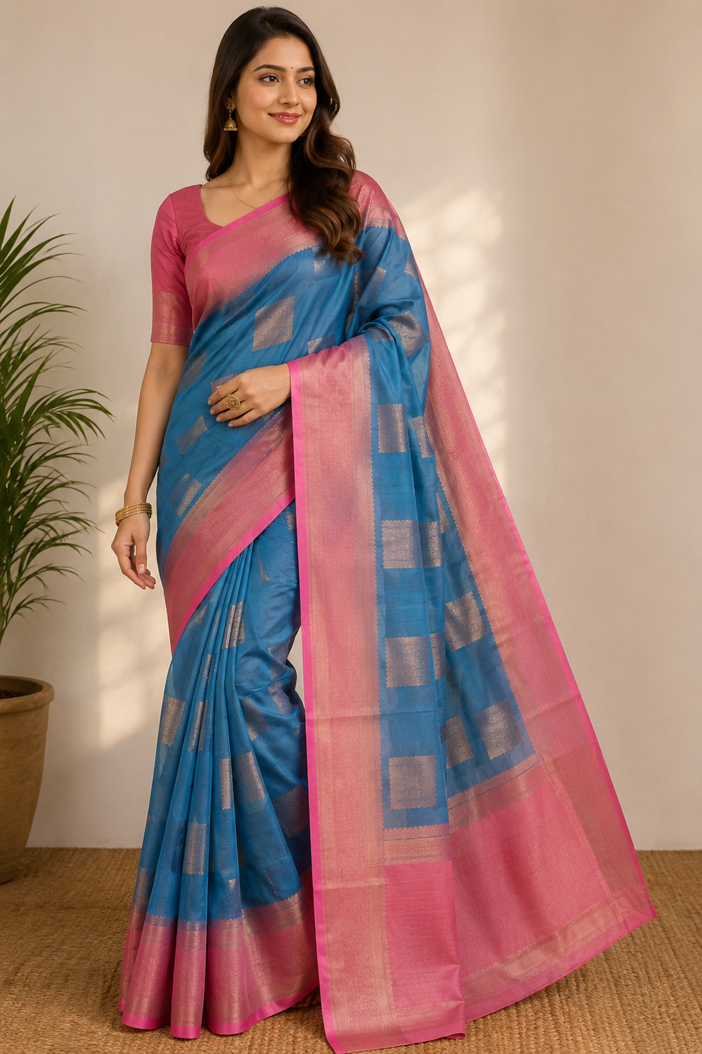 A woman models a blue and pink silk saree with metallic silver block prints and a pink border, standing in a studio setting with a potted plant in the background.