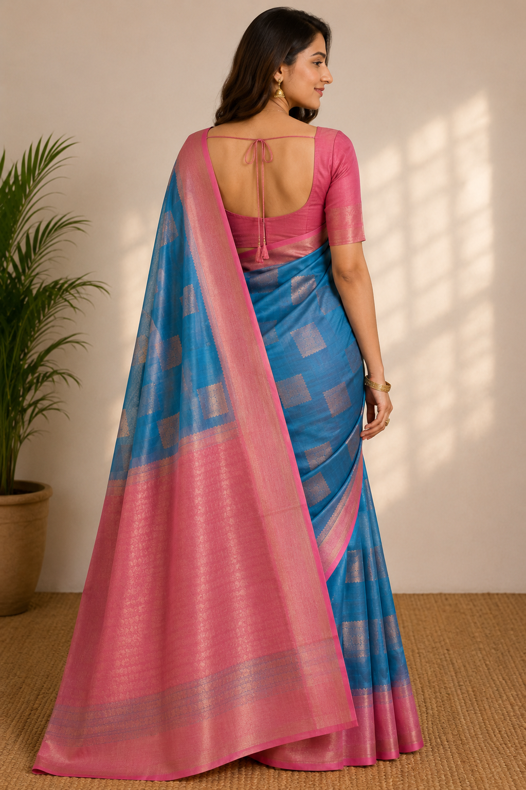 A woman shown from the back wearing a pink and blue saree with a matching pink blouse, standing indoors against a beige wall with sunlight shadows and a potted plant at the side. 