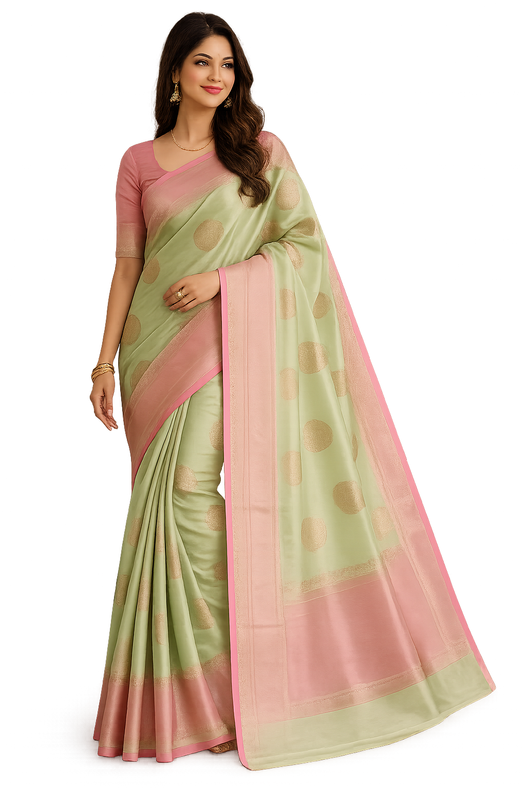 A woman modeling a light green and pink saree with gold polka dots and a pink border, paired with a solid pink blouse, against a plain white background.