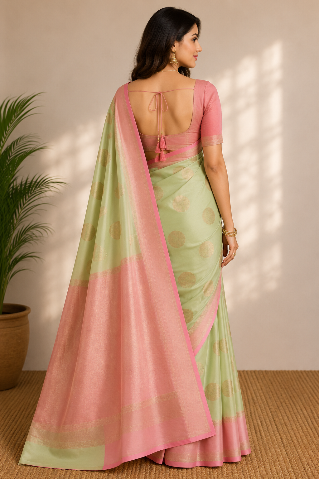 A woman shown from the back wearing a light green and pink saree with a pink blouse, standing indoors against a beige wall with soft window shadows.