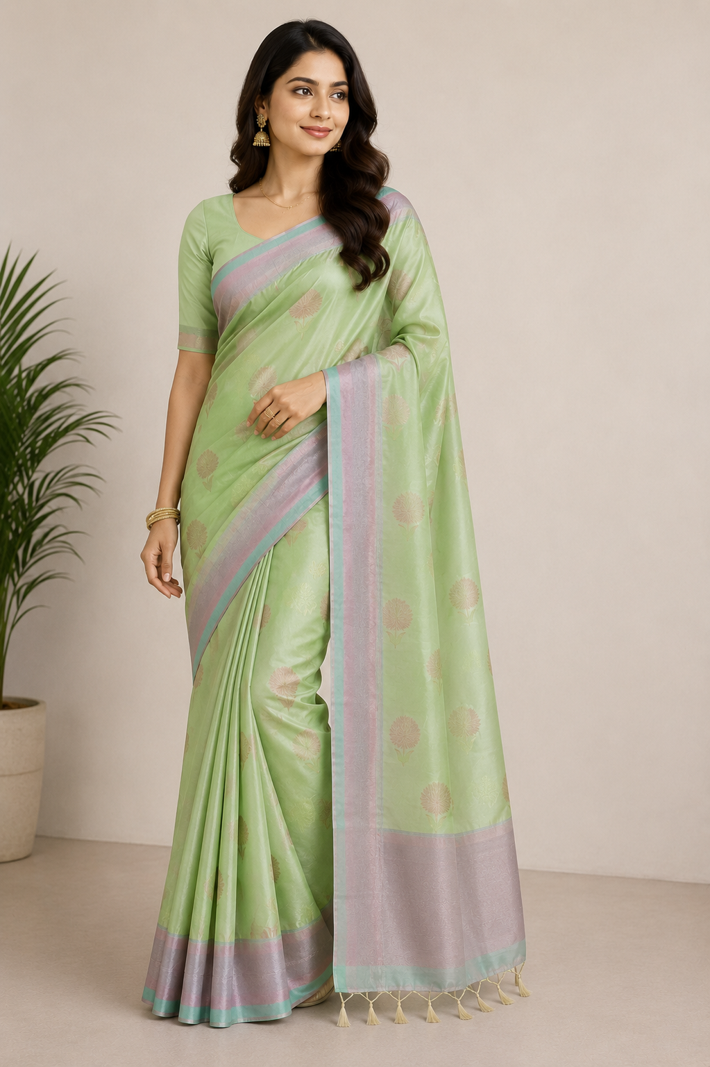 A woman modeling a light green saree with lavender and blue borders, featuring small gold motifs and a matching blouse, set against a neutral beige background with a potted plant on the left.