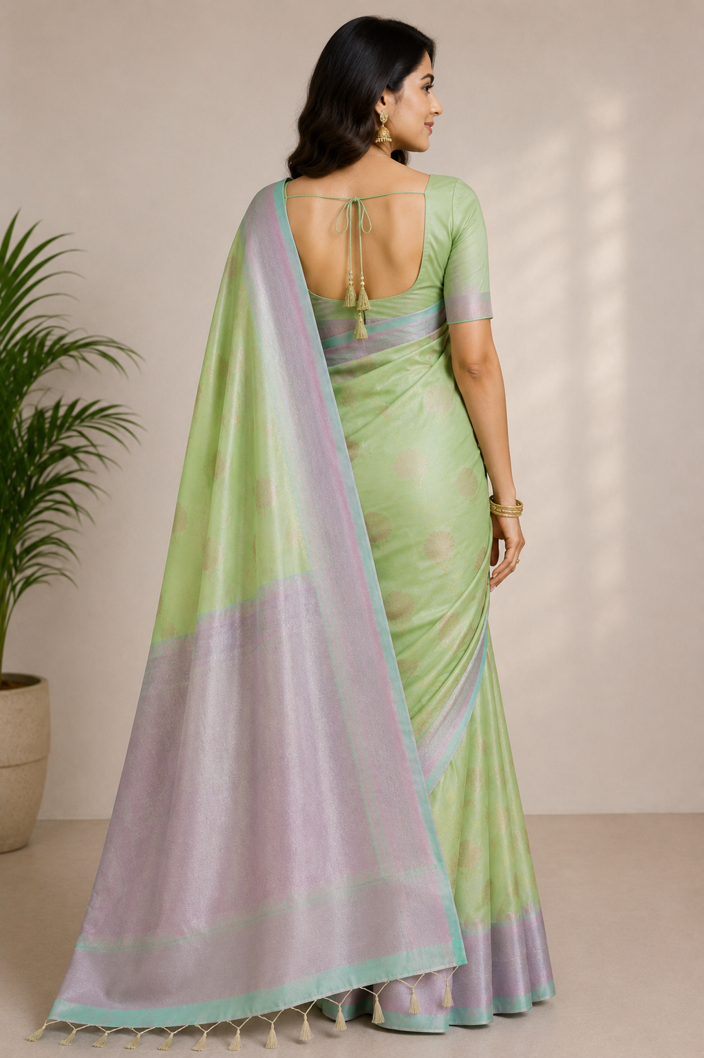 A woman wearing a light green saree with a lavender mint purple , shown from the back in a studio setting with a potted plant on the left.