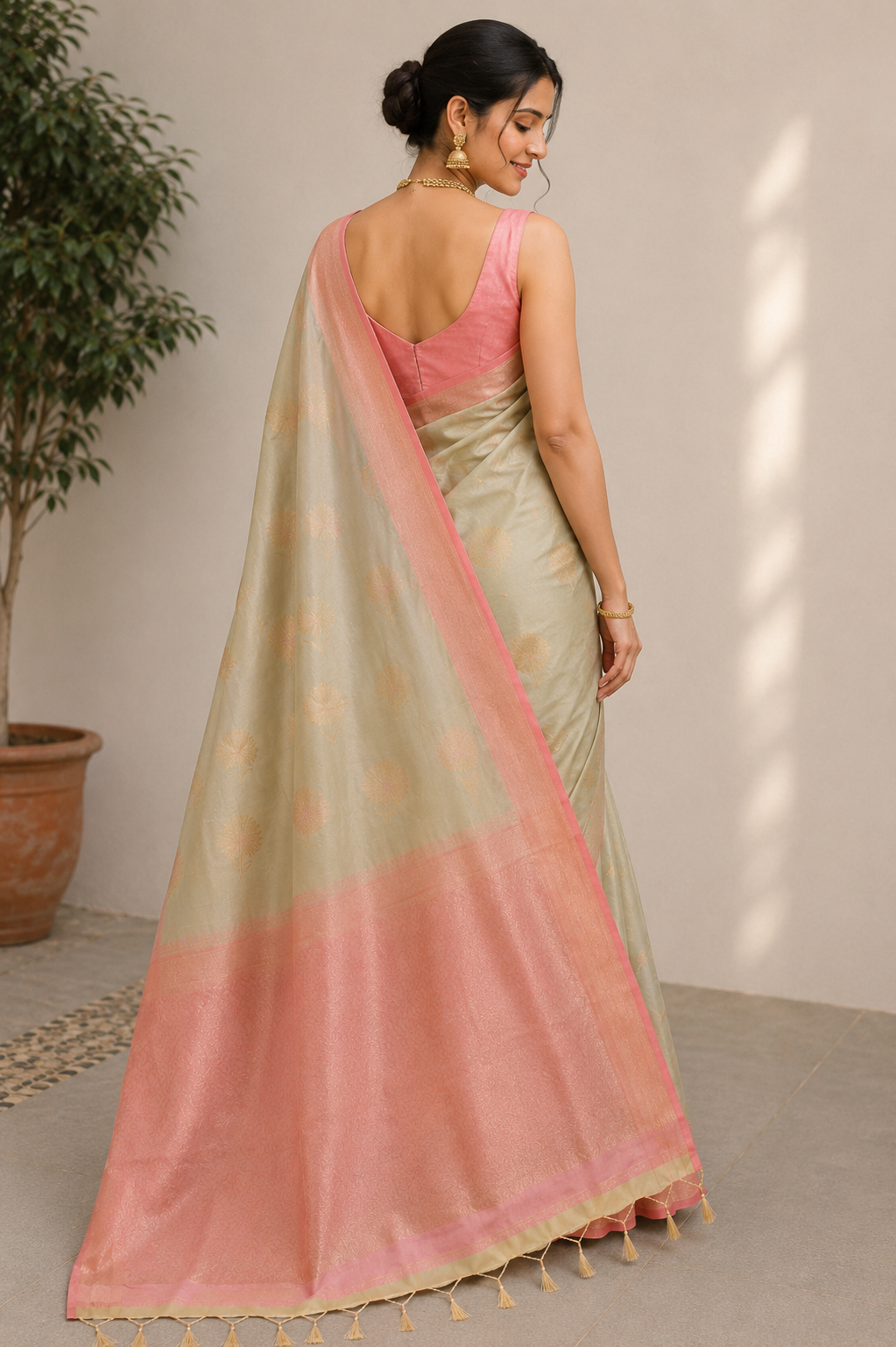 Silk Sari Pastel olive green