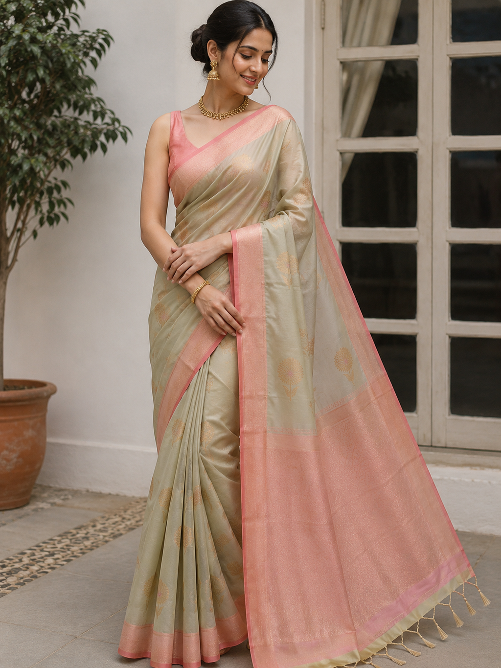 Silk Sari Pastel olive green