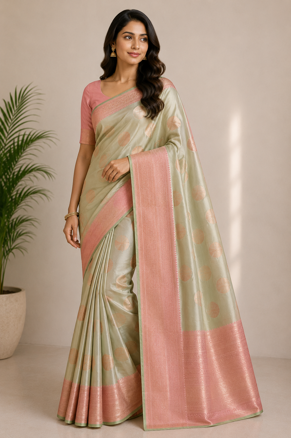 A woman modeling a light sage green and pink silk saree with a matching pink blouse, standing in a studio with a potted plant on the left. 