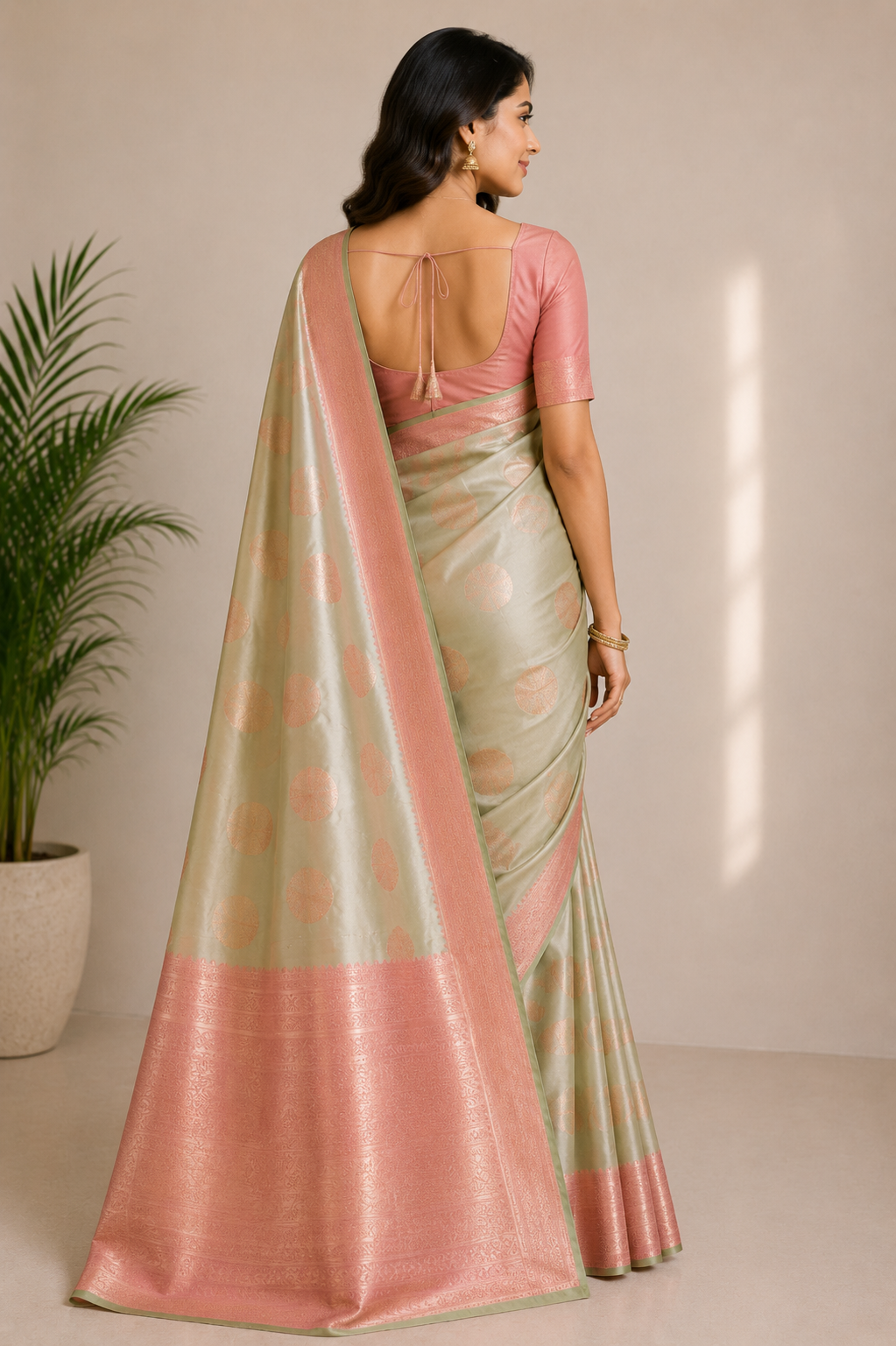 A woman wearing a light sage green and pink silk saree with a matching pink blouse.