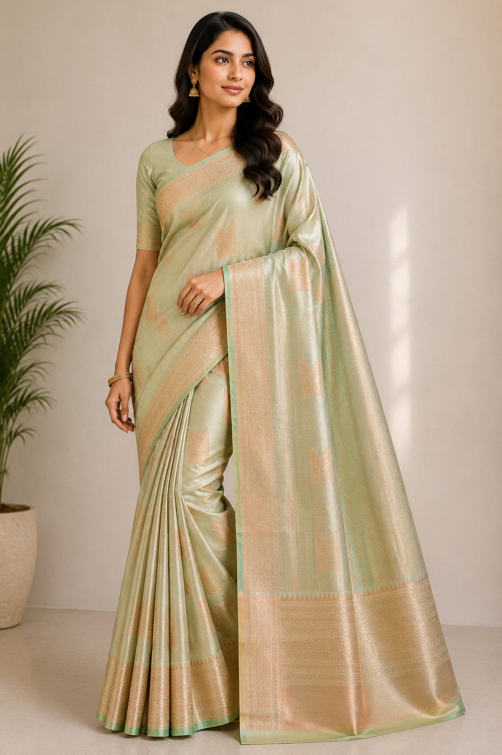 A woman modeling a light sage green silk saree with a shimmering gold border and pallu, set against a neutral beige background with a potted plant on the left.