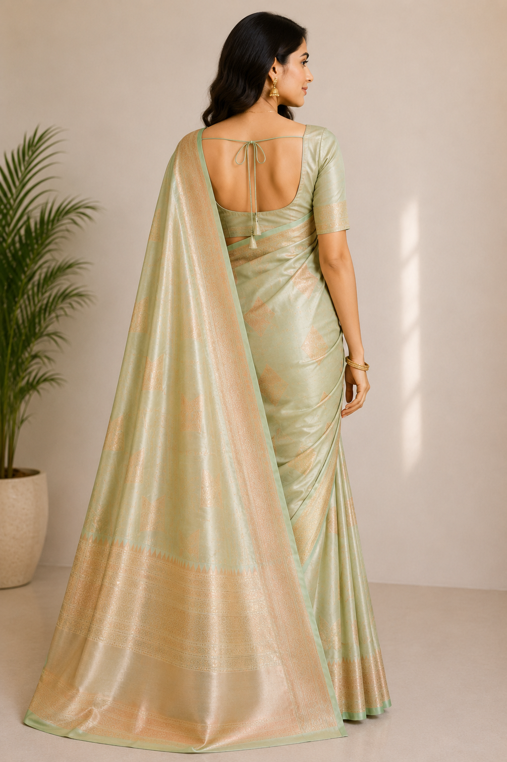 A woman wearing a light sage green silk saree with a matching dupatta, shown from the back in a studio setting with a potted plant on the left. 