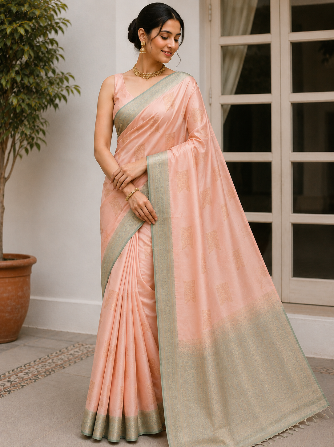 A woman models a peach and sage green silk saree with a gradient design and a metallic border, standing in front of a white paneled door.