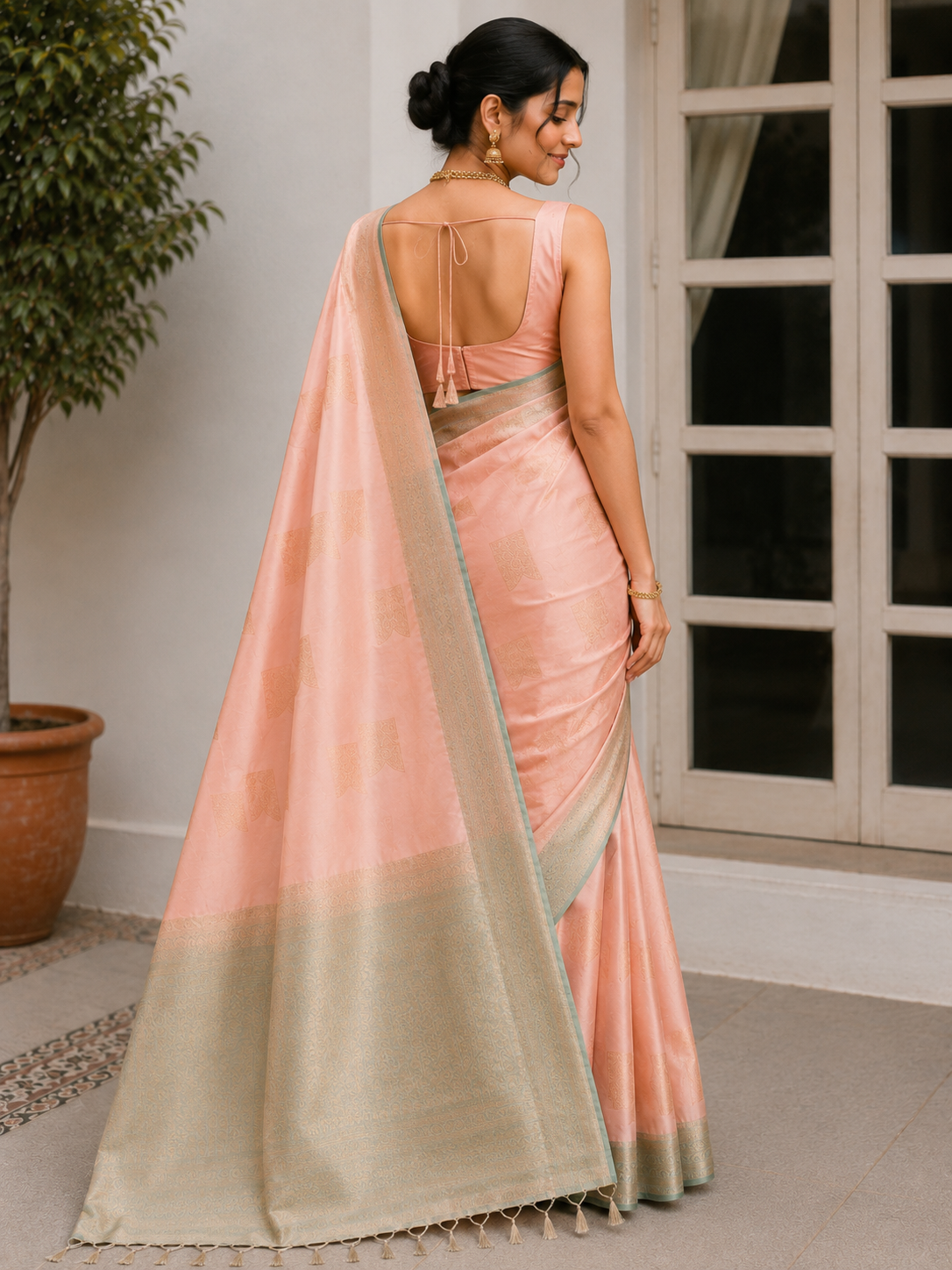 A woman wearing a peach-pink and beige saree with a green border, photographed from the back in an indoor.
