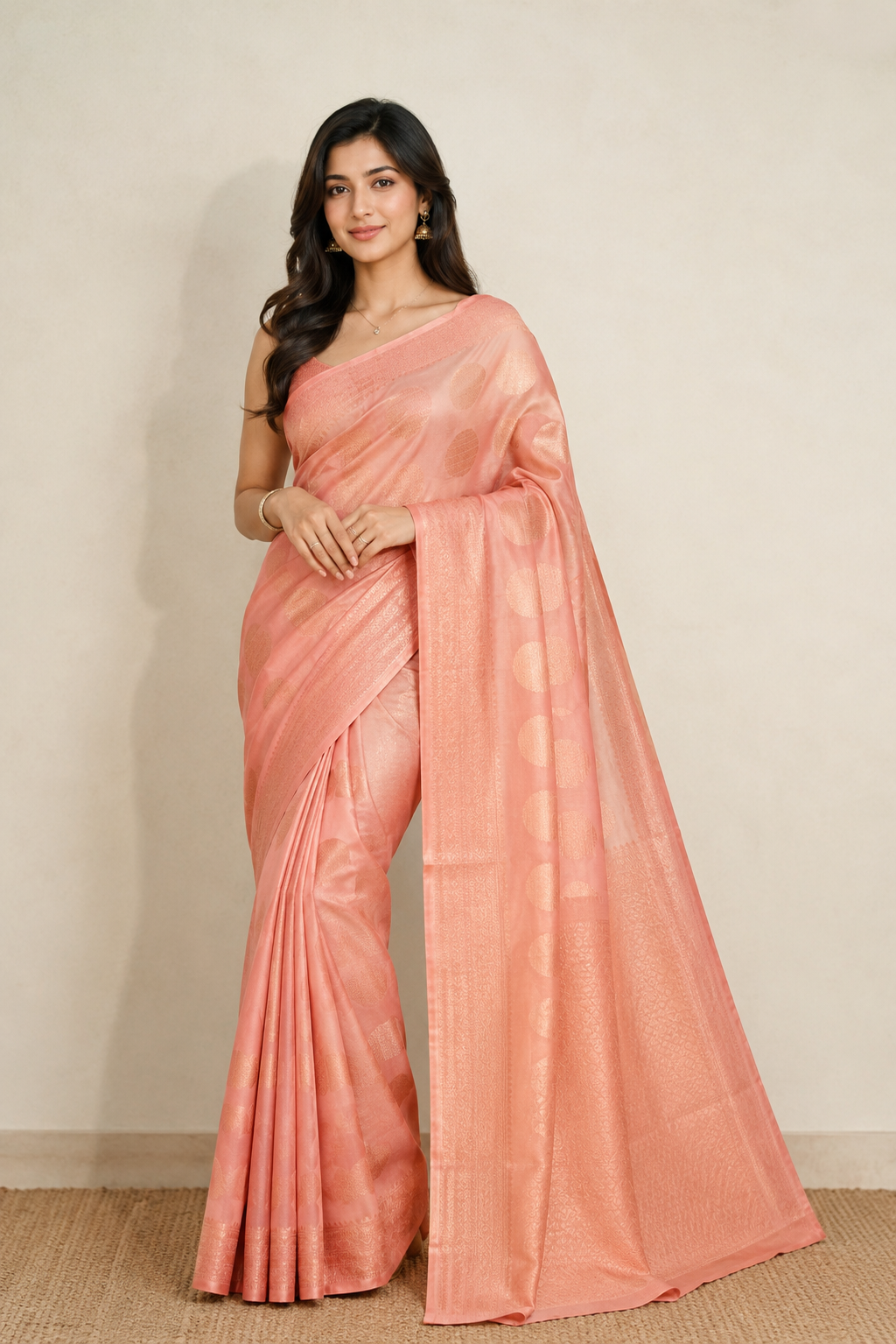 A woman modeling a peach-pink silk saree, standing against a plain beige wall. 