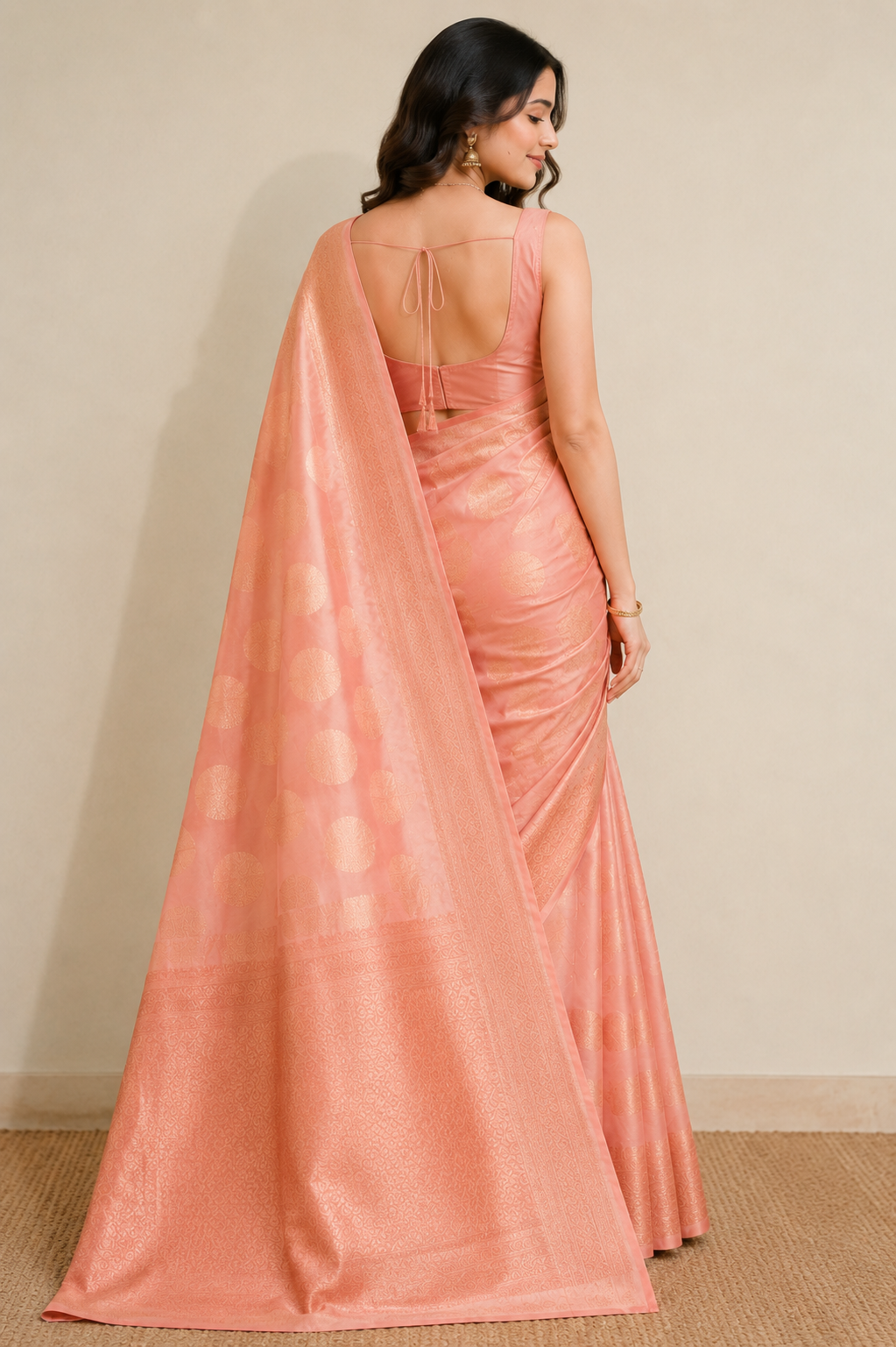 A woman is shown from behind, wearing a peach-pink silk saree and a matching blouse; the background is a neutral beige wall.