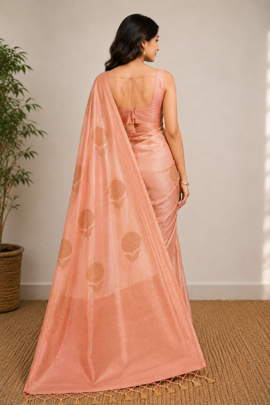 A woman shown from the back wearing a peach-colored silk saree and a matching blouse, standing in a neutral indoor setting. 