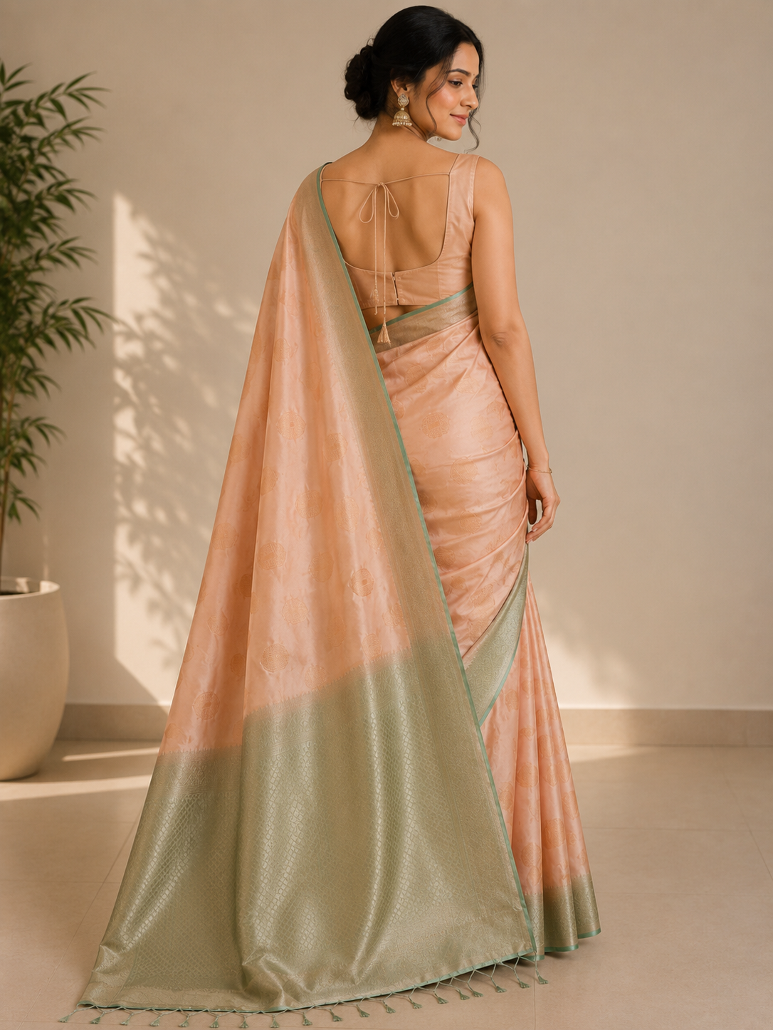A woman wearing a peach and sage green tie-dye saree, shown from the back in a warm, sunlit indoor setting.