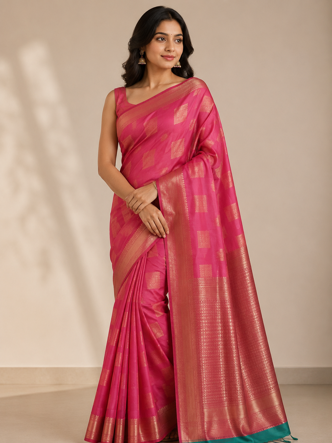 A woman wearing a red silk saree, showing in the soft warm light inside the house.
