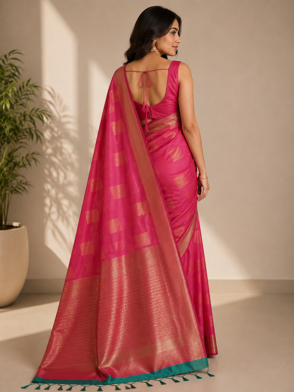 A woman wearing a red silk saree, showing from behind in the soft, warm light inside the house.