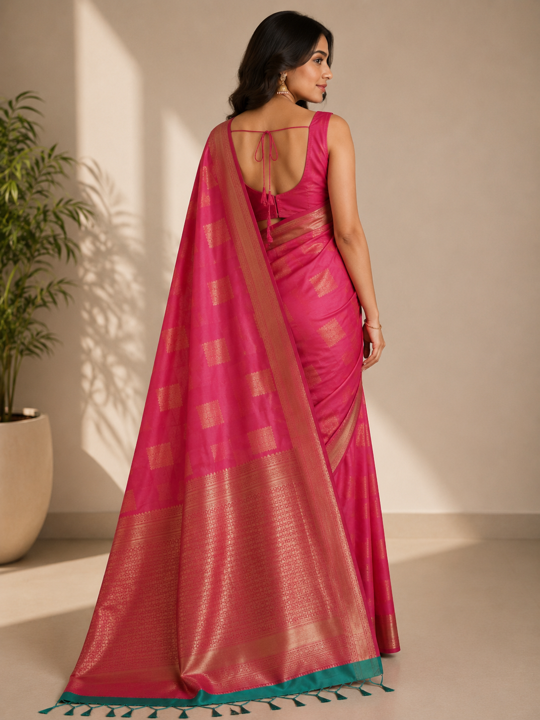 A woman wearing a red silk saree, showing from behind in the soft, warm light inside the house.