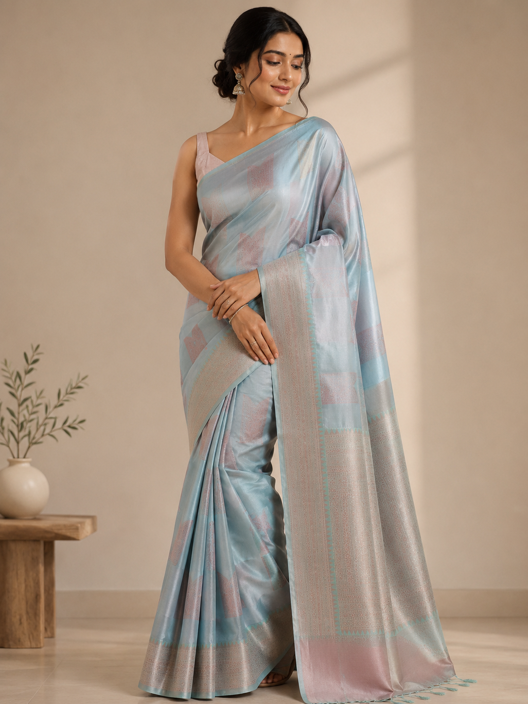 A woman models a light blue and silver saree with a matching blouse in a warm beige setting. 