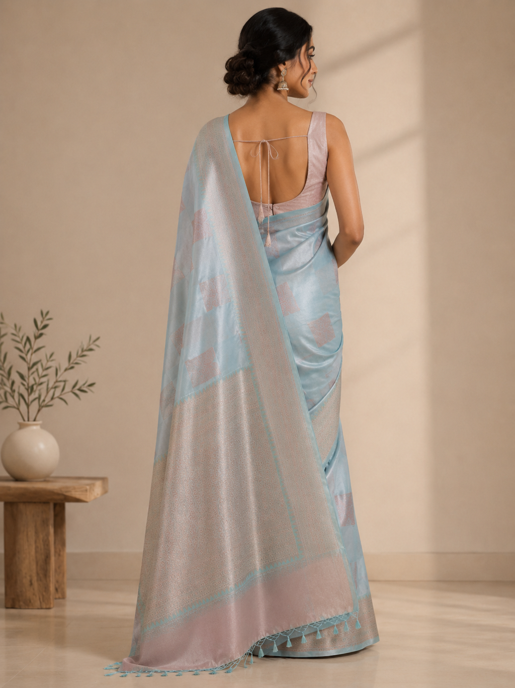 A woman wearing a light blue saree, shown from the back in a warm beige setting.