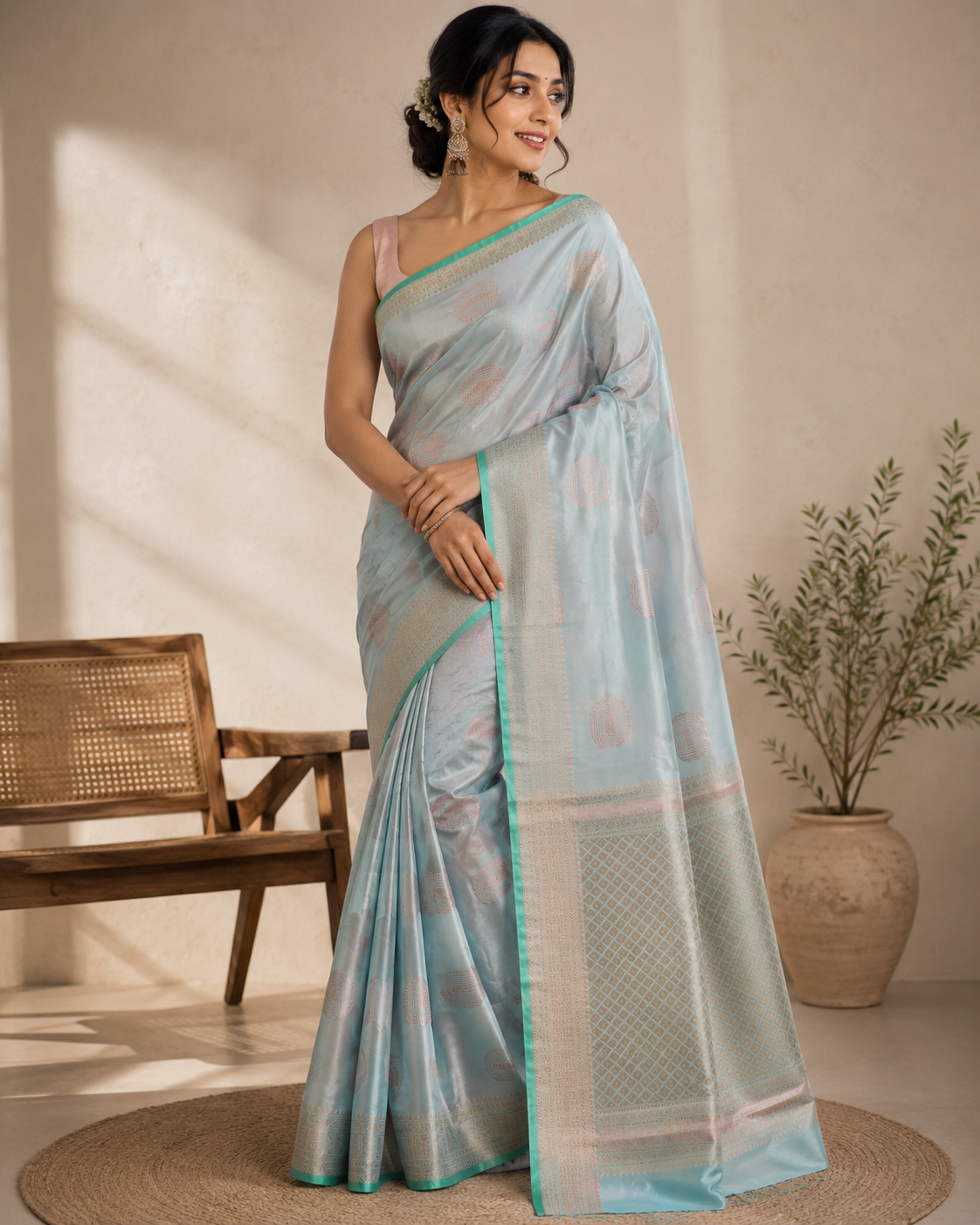 A woman models a light blue saree with a matching blouse in a warm, sunlit room. The saree features a subtle sheen, a patterned border, and a vibrant teal-green accent along the edge.