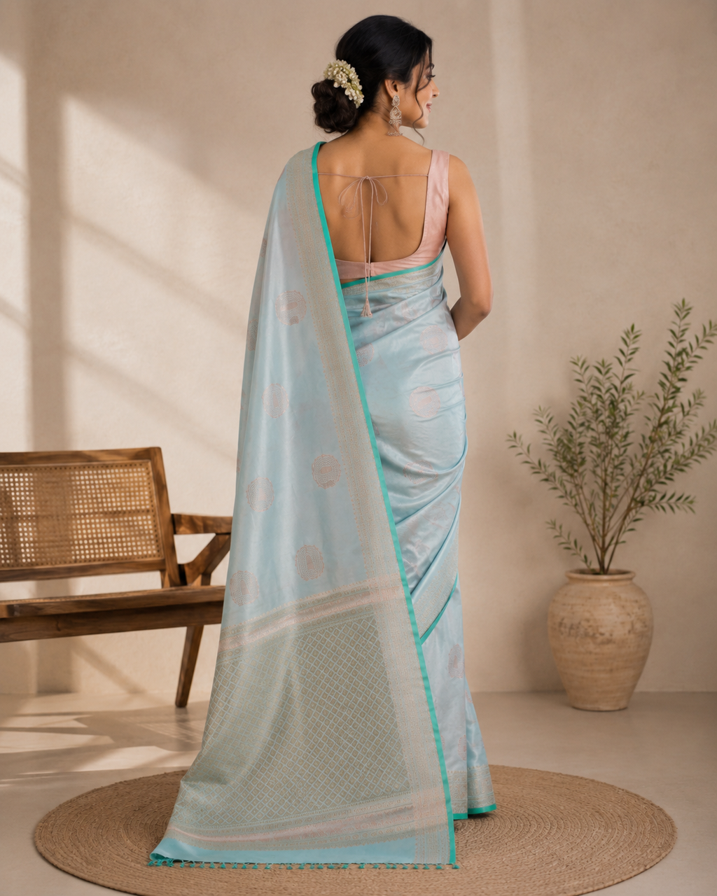A woman stands with her back to the camera wearing a light blue saree, styled in a warm, sunlit room with a woven bench and a potted plant.