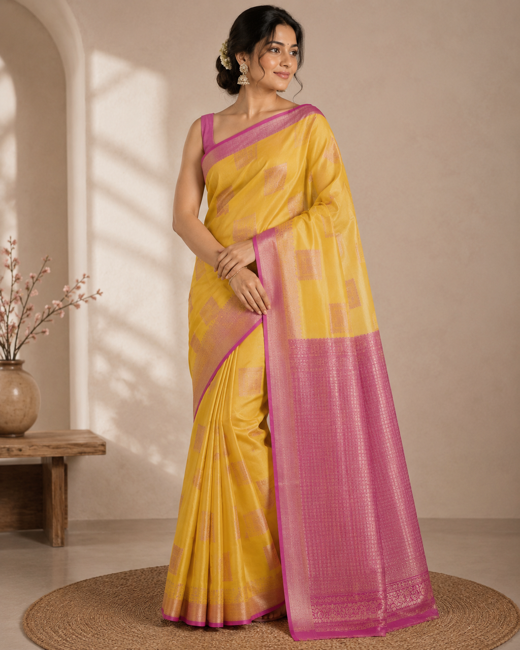 Banarasi Silk Saree – Yellow | Square Boota Design
