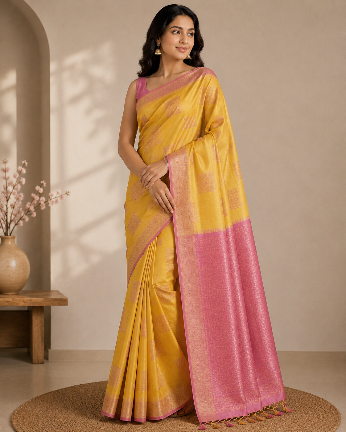 Banarasi Silk Saree – Yellow | Square Boota