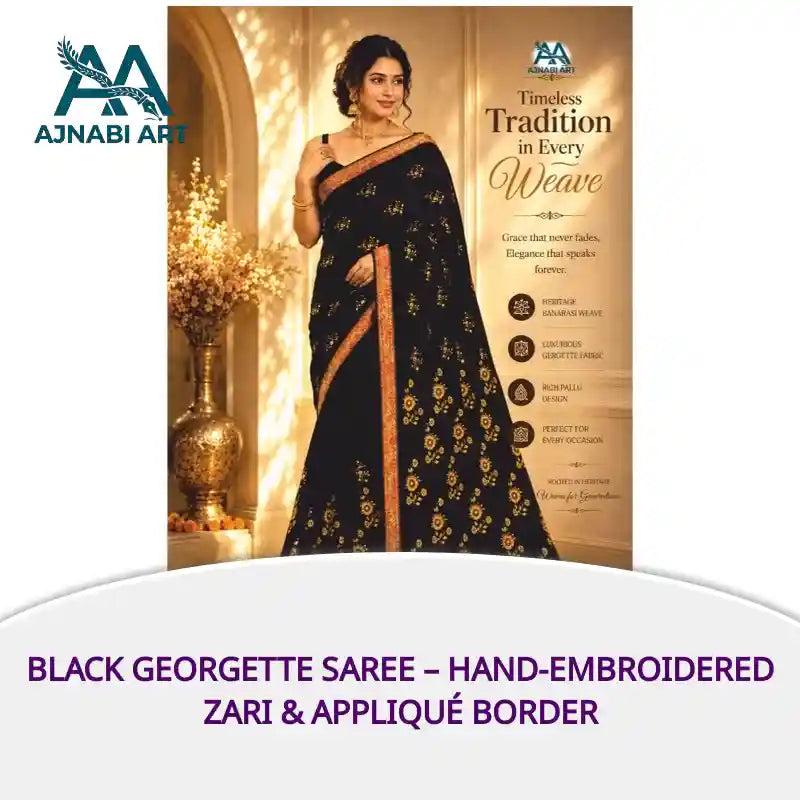 Black Georgette Saree &ndash; Hand-Embroidered Zari & Appliqu&eacute; Border by@Outfy