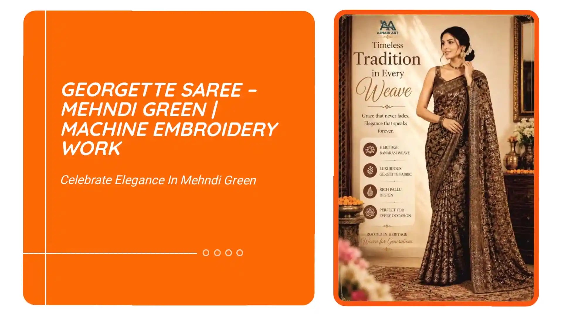 Georgette Saree &ndash; Mehndi Green | Machine Embroidery Work by@Outfy