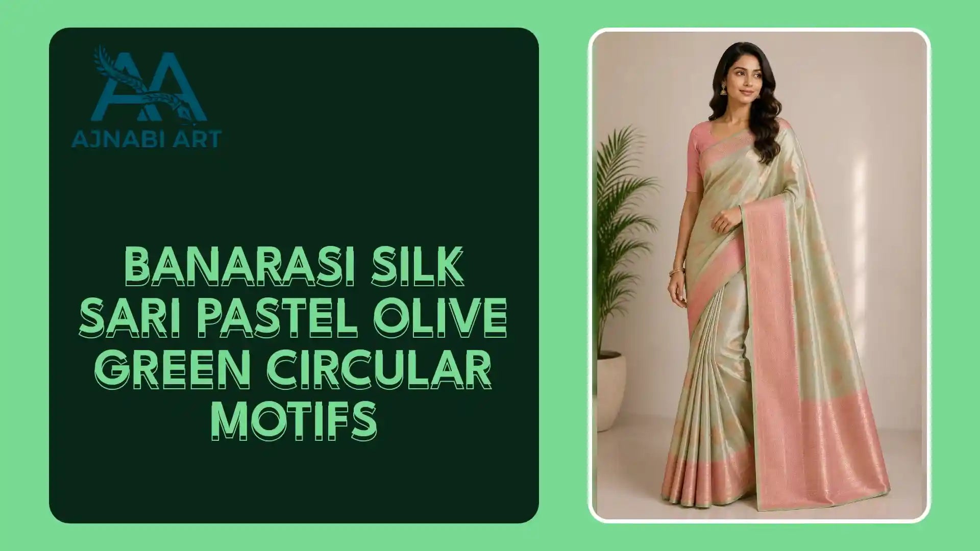 Banarasi Silk Sari Pastel olive green circular motifs by@Outfy