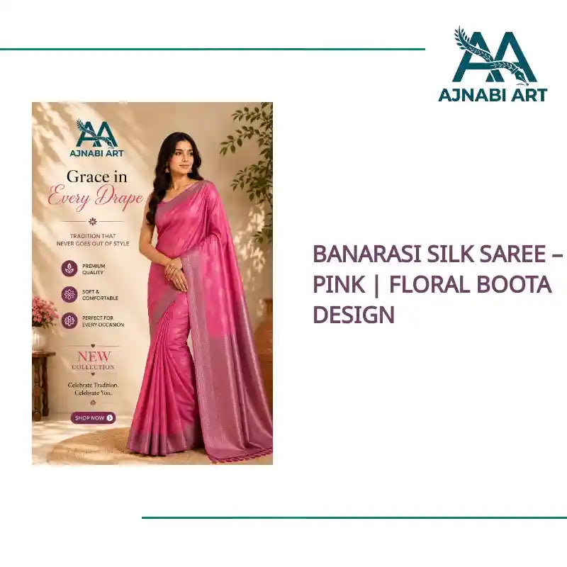 Banarasi Silk Saree &ndash; Pink | Floral Boota Design by@Outfy